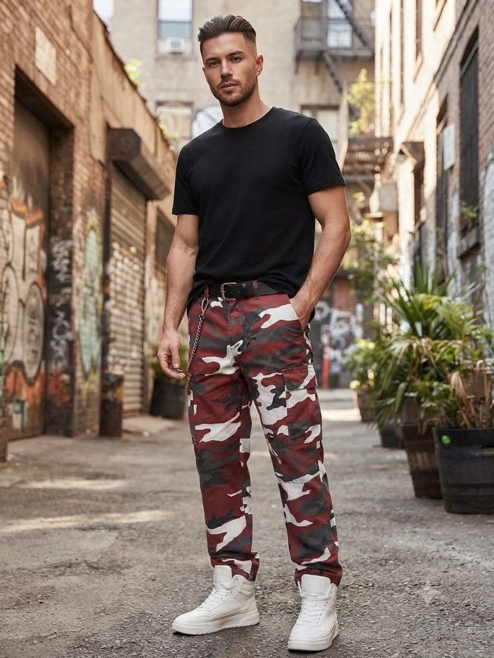 Men's Red Camo Cargo Pants - Urban Tactical Style